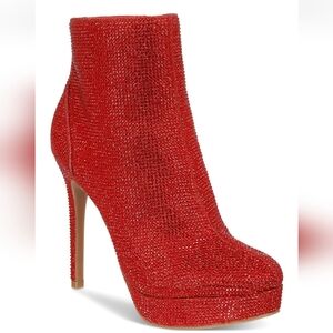 THALIA SODI Womens Red Rhinestone Padded Chiara Round Toe Stiletto Boots   NEW